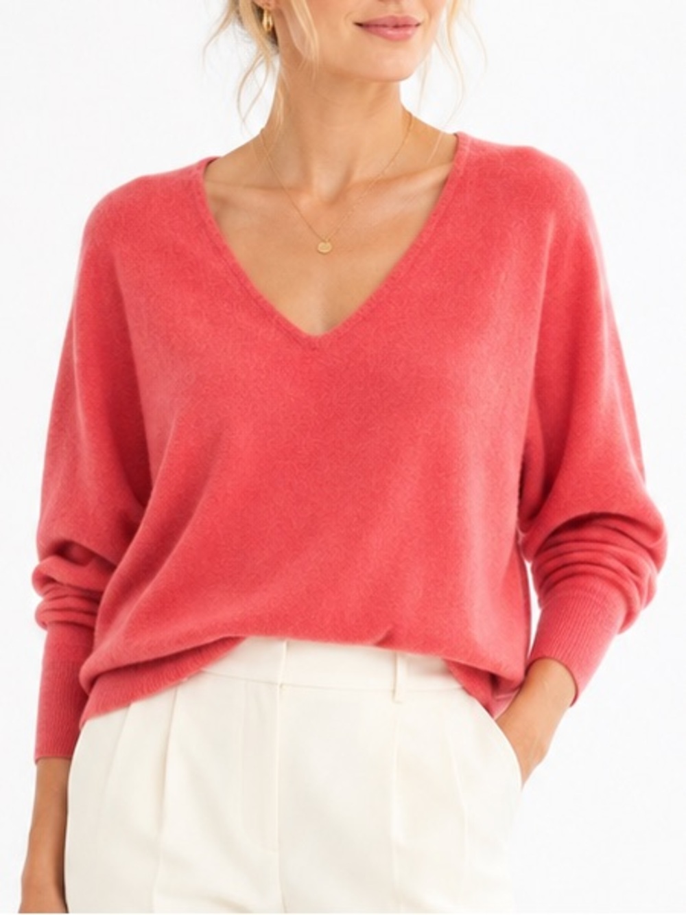 TAHARI 100% 2-Ply Cashmere Coral V-Neck Dolman Sleeve Pullover Luxury Sweater XL